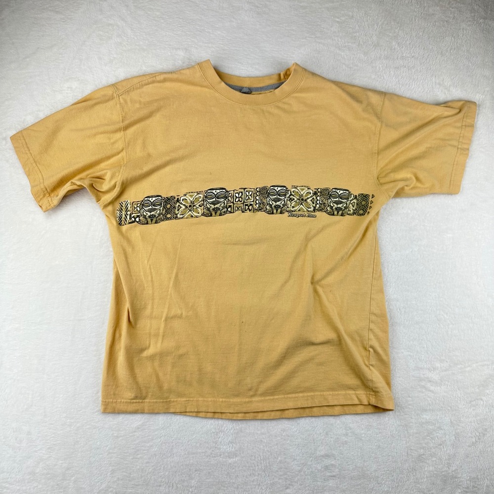 Newport Blue T-Shirt Mens Large Yellow Tiki Graphic Cotton Surf VTG 90s